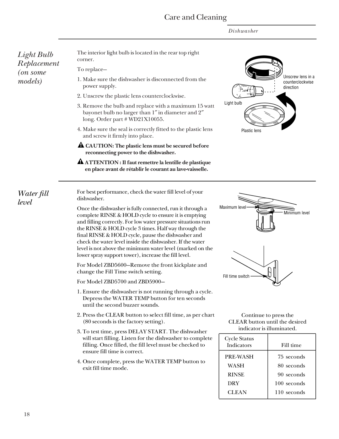 GE Monogram ZBD5900, ZBD5700, ZBD5600 manual Light Bulb Replacement on some models, Water fill level 