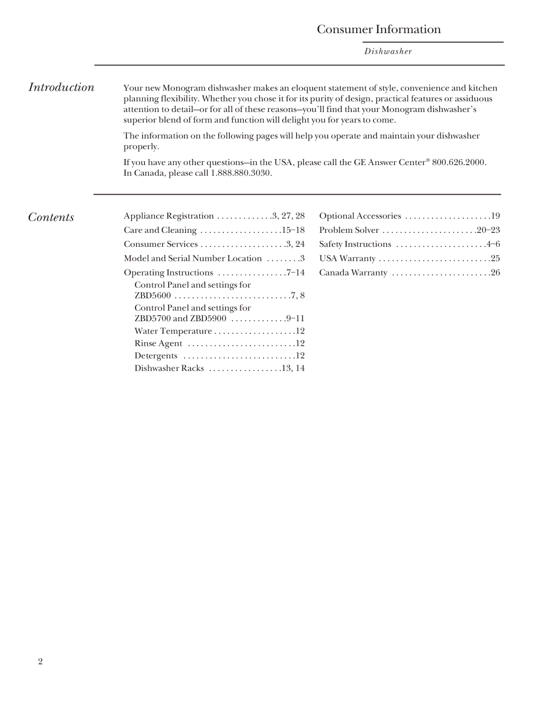 GE Monogram ZBD5600, ZBD5900, ZBD5700 manual Introduction, Contents 