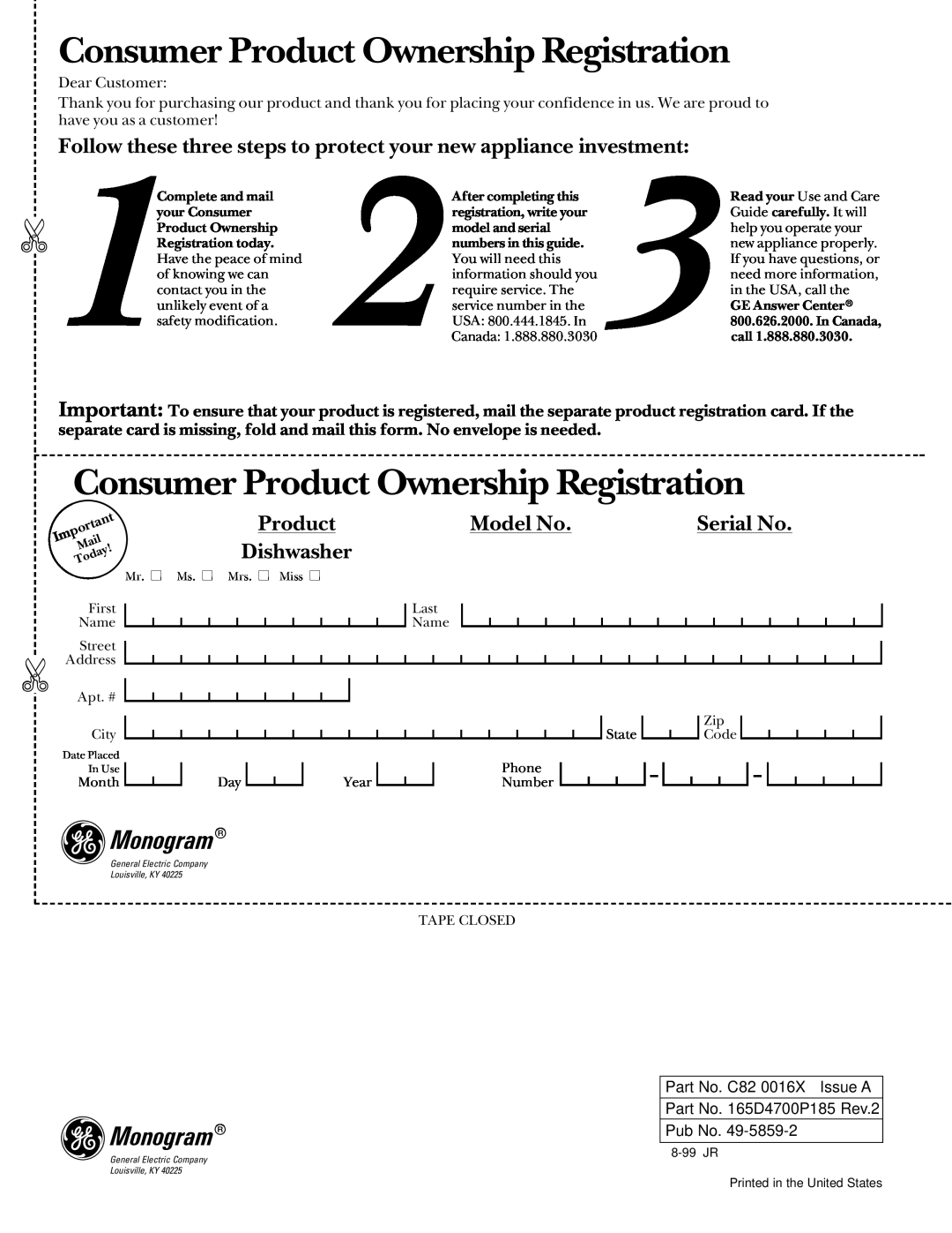 GE Monogram ZBD5700, ZBD5900, ZBD5600 Consumer Product Ownership Registration, Model No, Serial No, Dishwasher, Monogram 