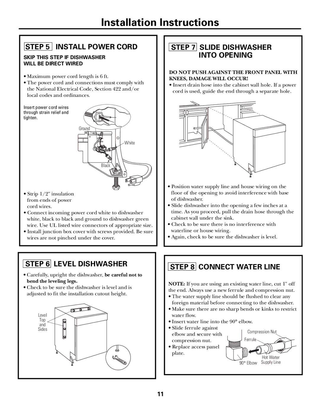 GE Monogram ZBD6500, ZBD6600, ZBD6400, ZBD6700, ZBD7100, ZBD7105 Install Power Cord, Level Dishwasher, Connect Water Line 