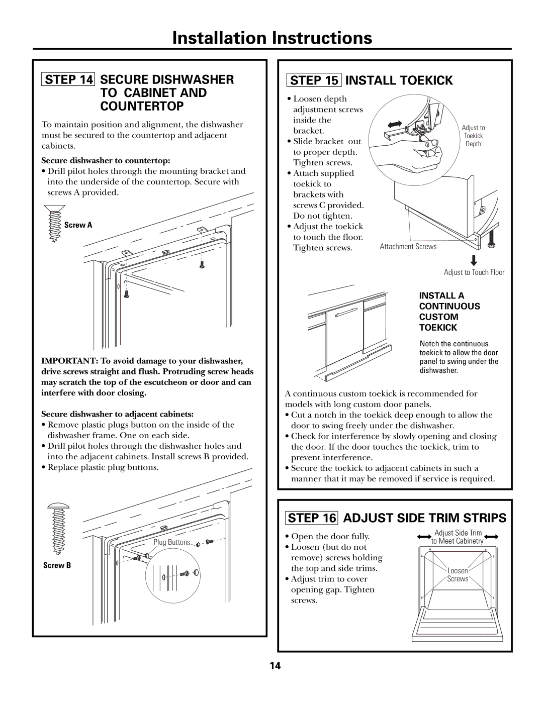 GE Monogram ZBD7100, ZBD6600, ZBD6500, ZBD6400, ZBD6700, ZBD7105, ZBD7005, ZBD7000 Install Toekick, Adjust Side Trim Strips 