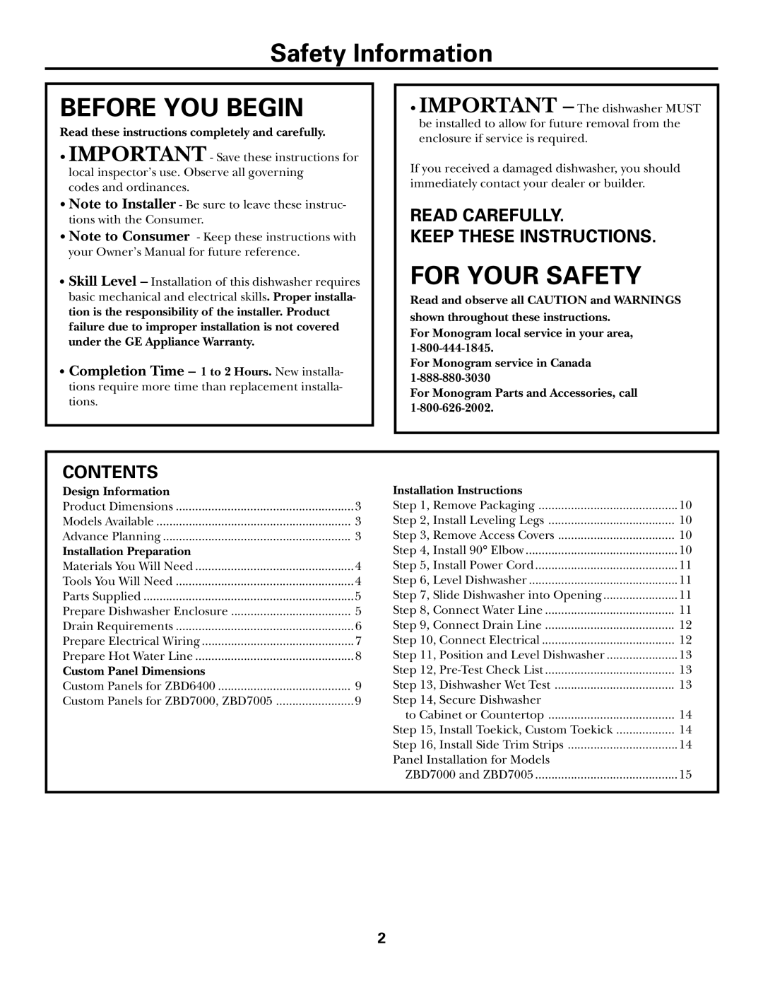 GE Monogram ZBD6400, ZBD6600, ZBD6500, ZBD6700, ZBD7100 Safety Information, Read Carefully Keep These Instructions, Contents 