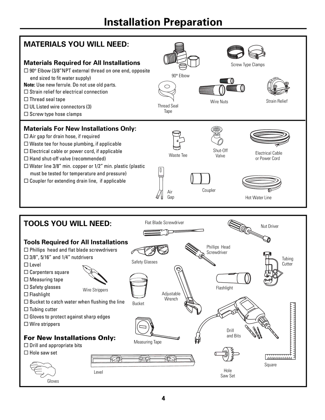 GE Monogram ZBD7100, ZBD6600, ZBD6500, ZBD6400 Installation Preparation, Materials YOU will Need, Tools YOU will Need 