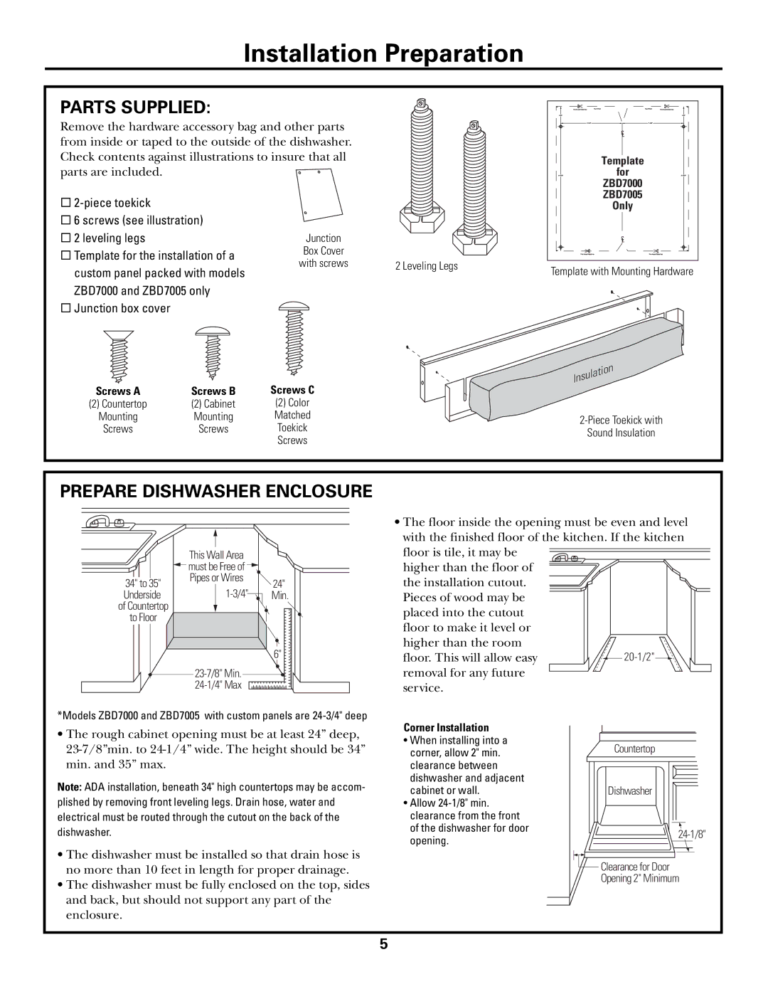 GE Monogram ZBD7105, ZBD6600, ZBD6500, ZBD6400, ZBD6700, ZBD7100, ZBD7005, ZBD7000 Parts Supplied, Prepare Dishwasher Enclosure 