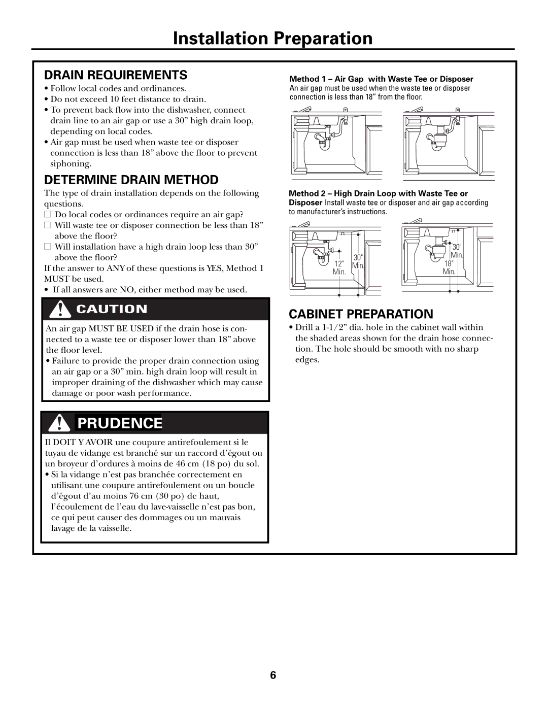 GE Monogram ZBD7005, ZBD6600, ZBD6500, ZBD6400, ZBD6700 Drain Requirements, Determine Drain Method, Cabinet Preparation 