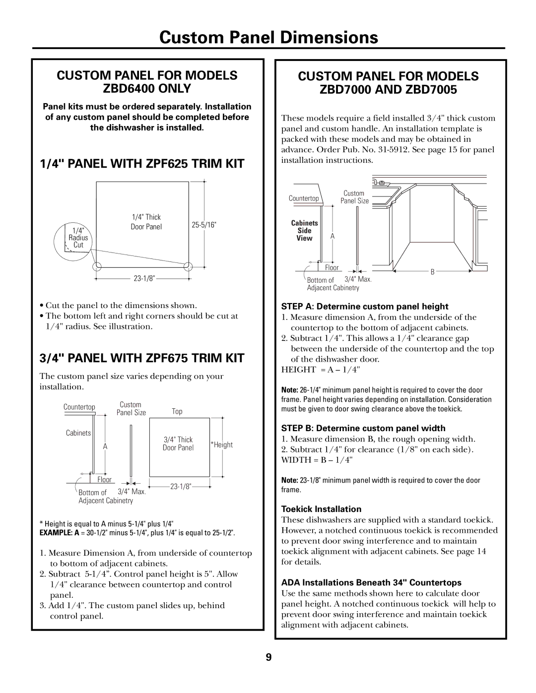 GE Monogram ZBD6900, ZBD6600 Custom Panel Dimensions, Custom Panel for Models ZBD6400 only, Panel with ZPF625 Trim KIT 