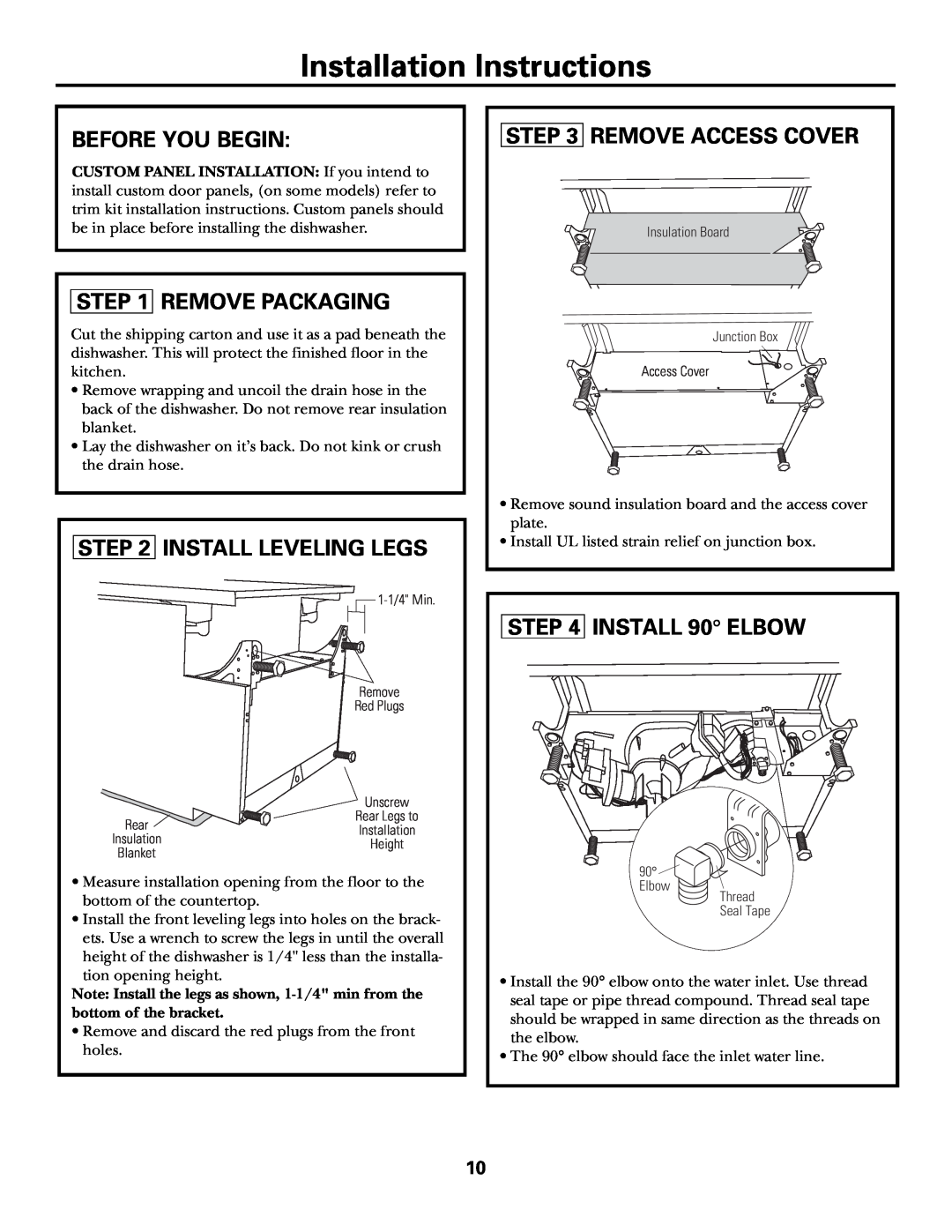 GE Monogram ZBD6600 Installation Instructions, Before You Begin, Remove Packaging, Install Leveling Legs, INSTALL 90 ELBOW 