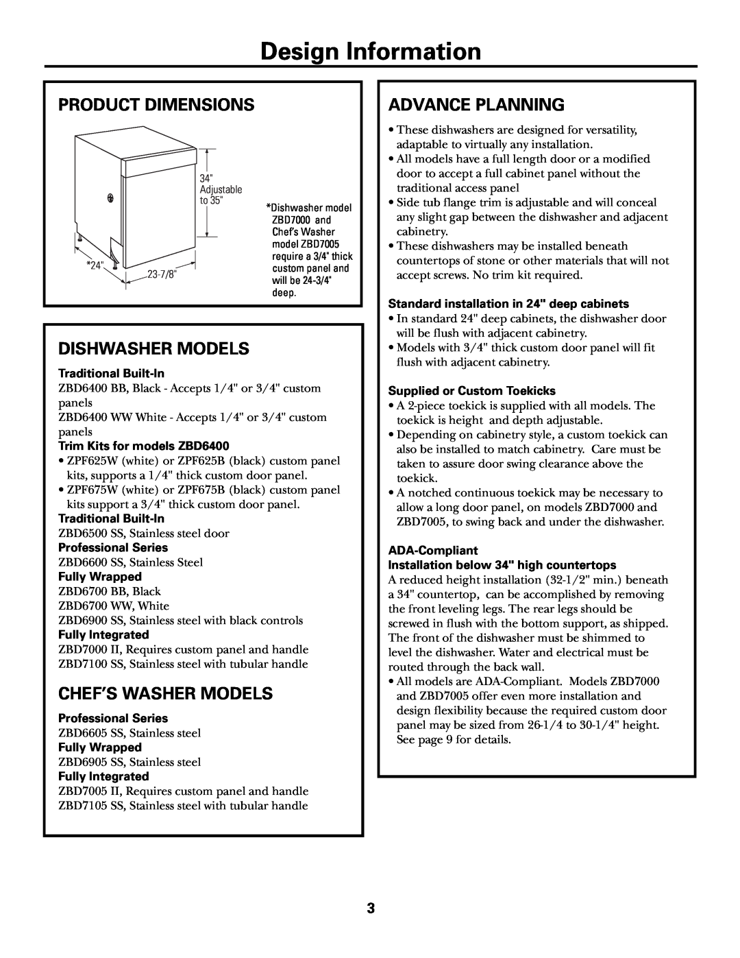 GE Monogram ZBD6700 Design Information, Product Dimensions, Dishwasher Models, Chef’S Washer Models, Advance Planning 