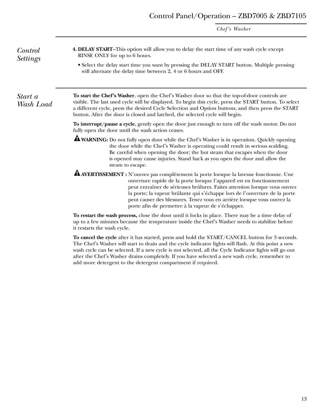 GE Monogram ZBD6605 owner manual Control Settings Start a Wash Load, Control Panel/Operation ZBD7005 & ZBD7105 