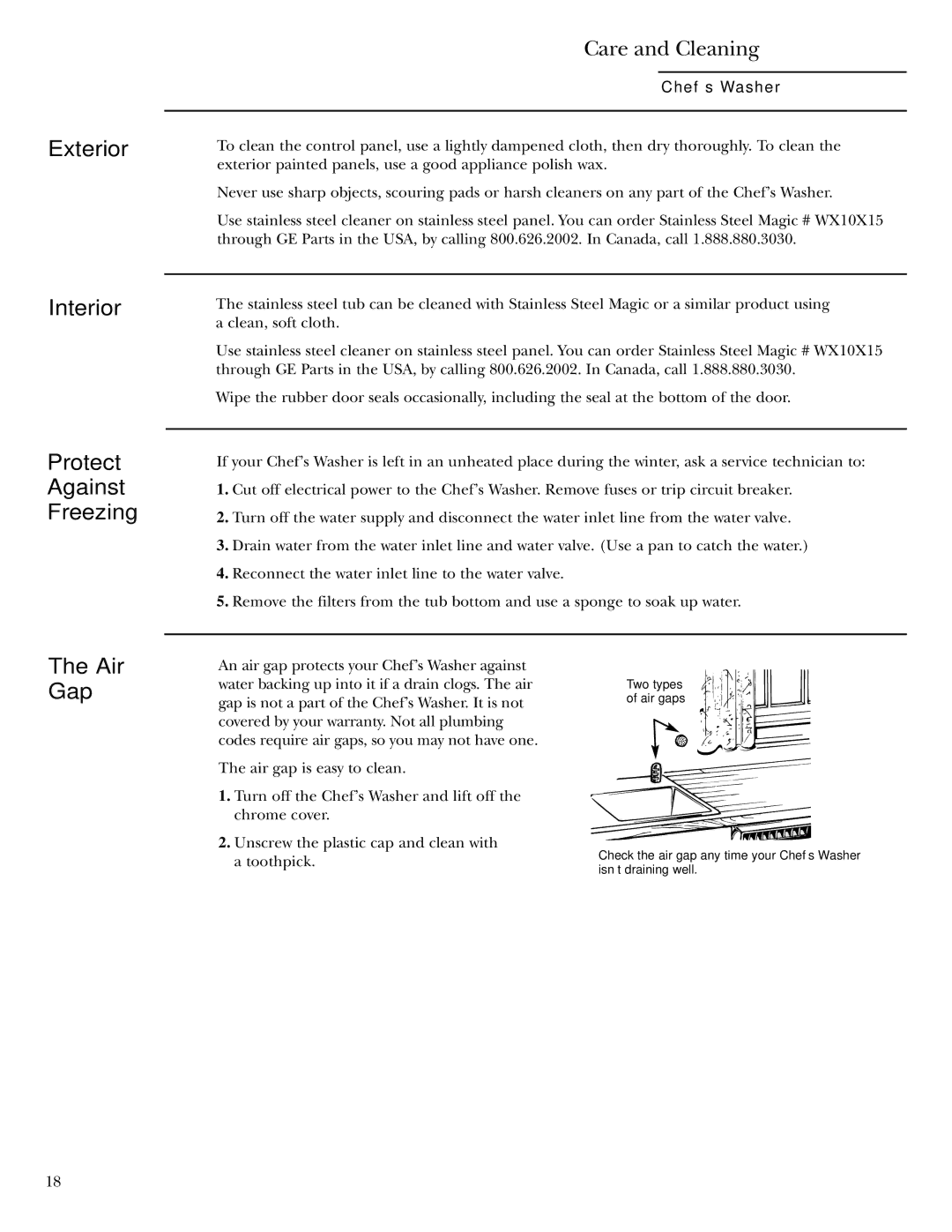 GE Monogram ZBD6605 owner manual Exterior Interior Protect Against Freezing, Care and Cleaning, Air Gap 