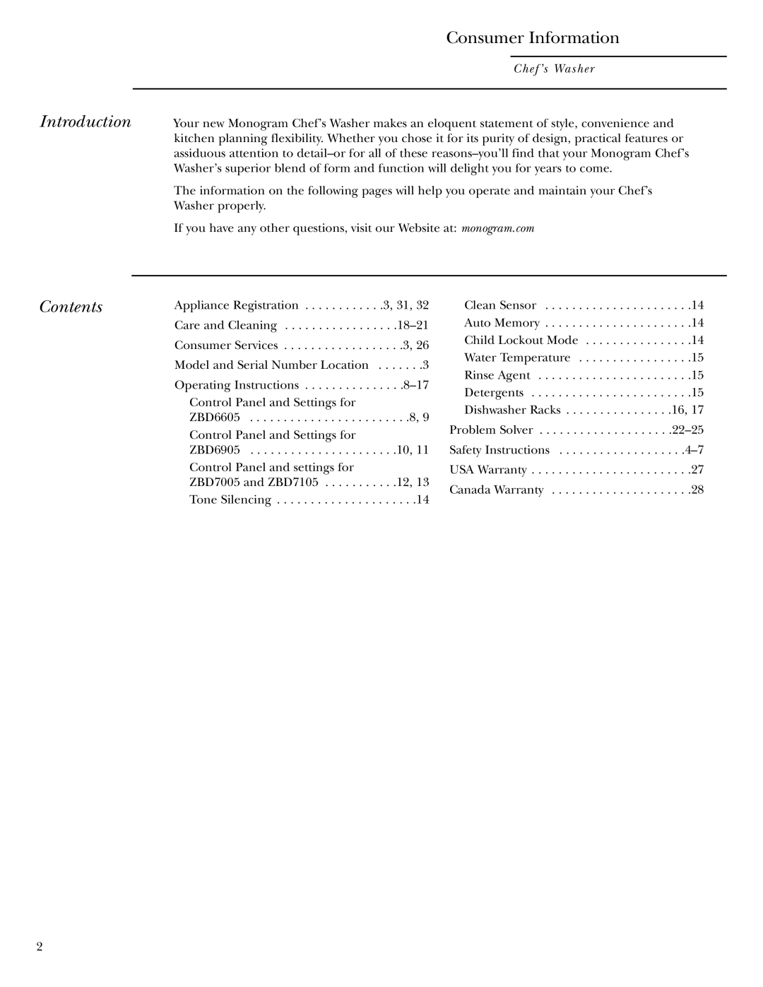 GE Monogram ZBD6605 owner manual Introduction, Contents 