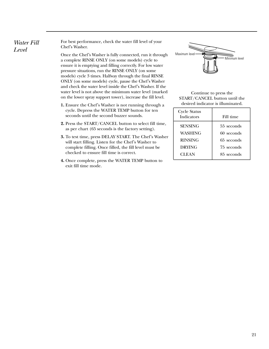 GE Monogram ZBD6605 owner manual Water Fill Level 