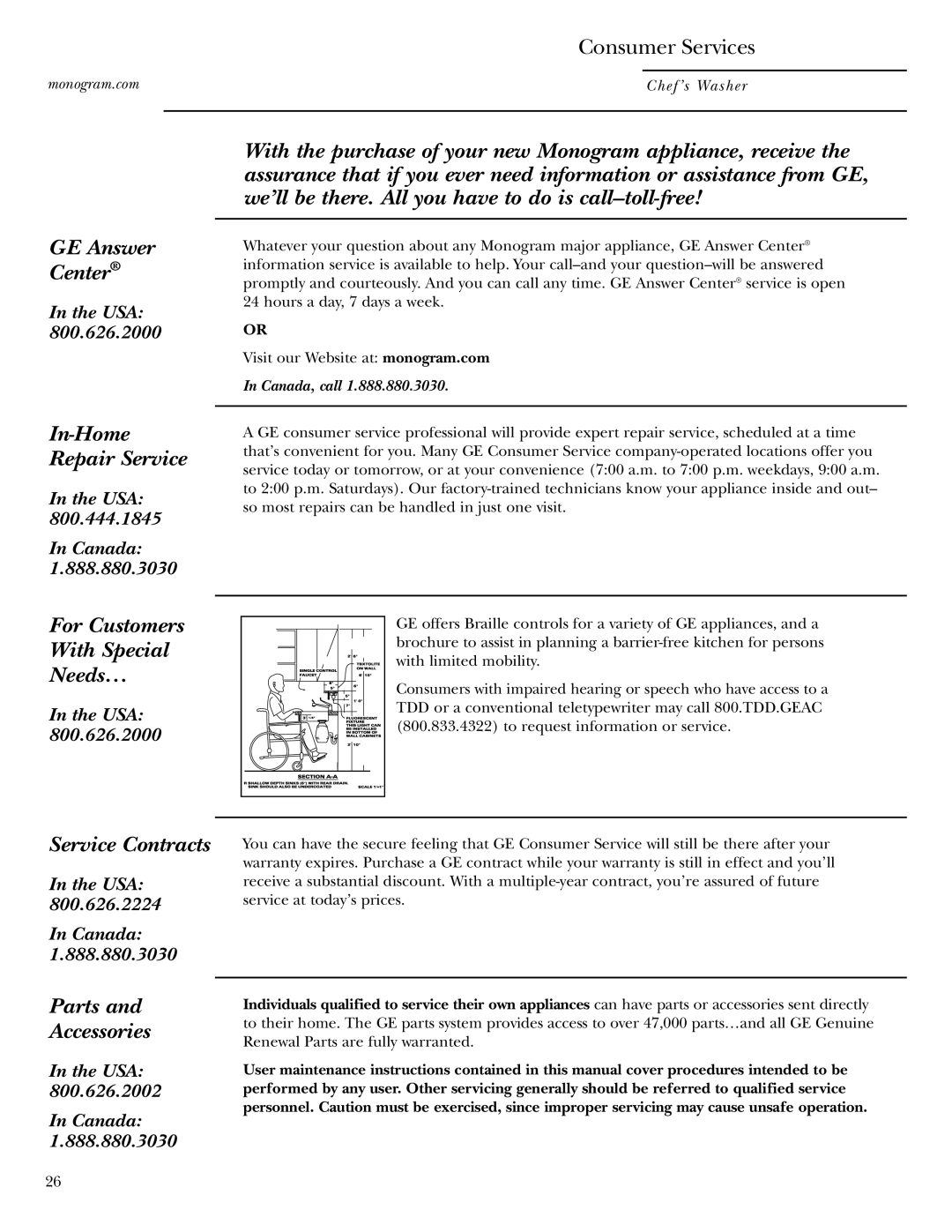 GE Monogram ZBD6605 owner manual Consumer Services, Canada, call 