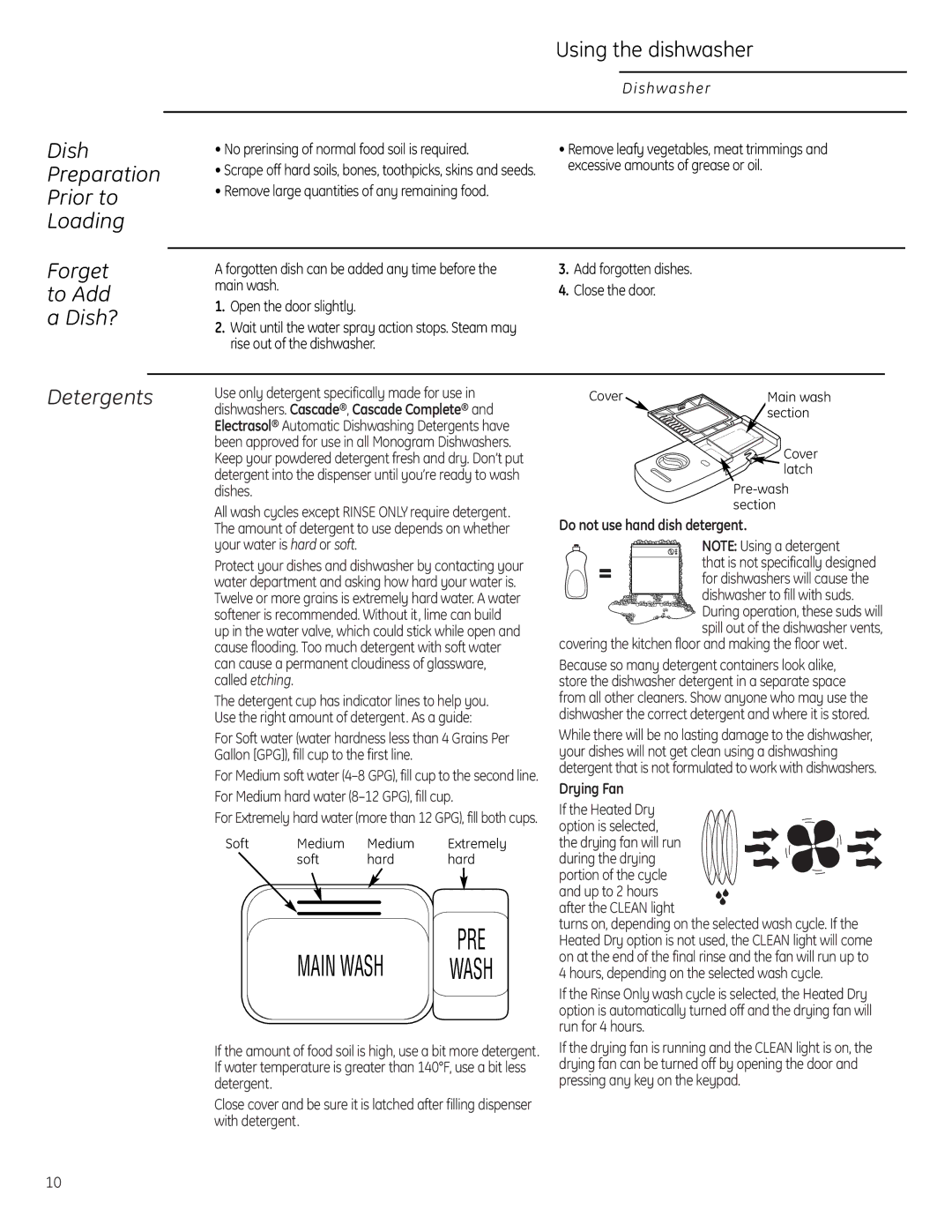 GE Monogram ZBD6880, ZBD0700, ZBD6800 Forget to Add, Using the dishwasher, Dish Preparation Prior to Loading, Detergents 