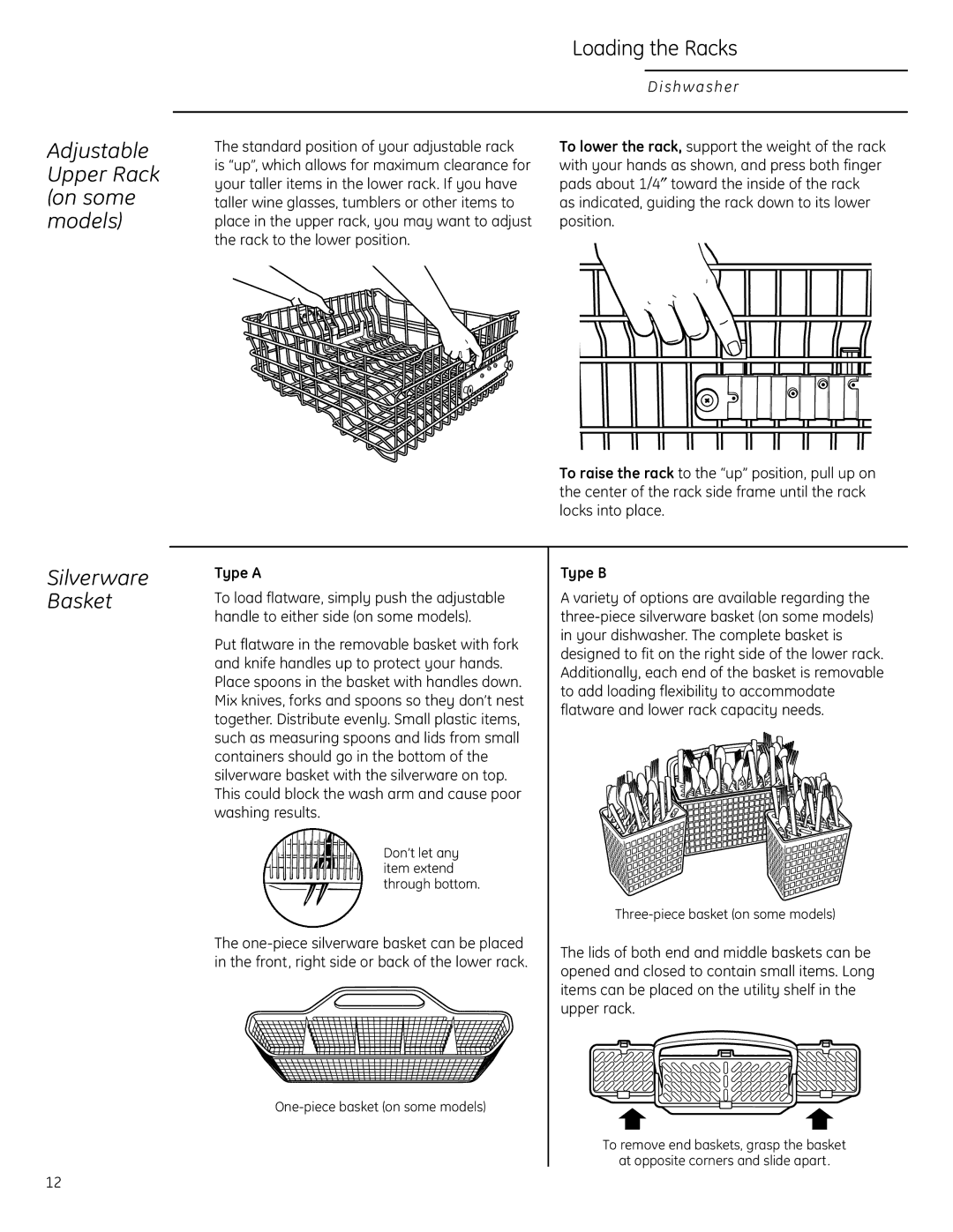 GE Monogram ZBD6800, ZBD6880, ZBD0700, ZBD6890 Silverware Basket, Adjustable Upper Rack on some models, Type a, Type B 