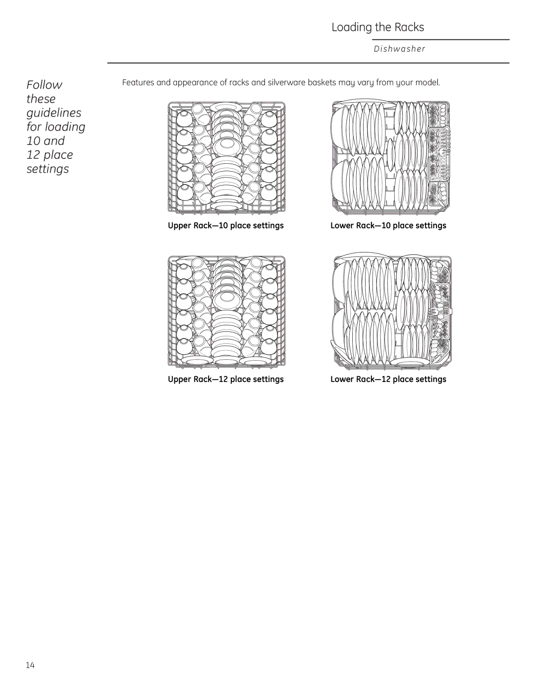 GE Monogram ZBD6800, ZBD6880, ZBD6890, ZBD0700, ZBD0710 owner manual Follow these guidelines for loading Place settings 