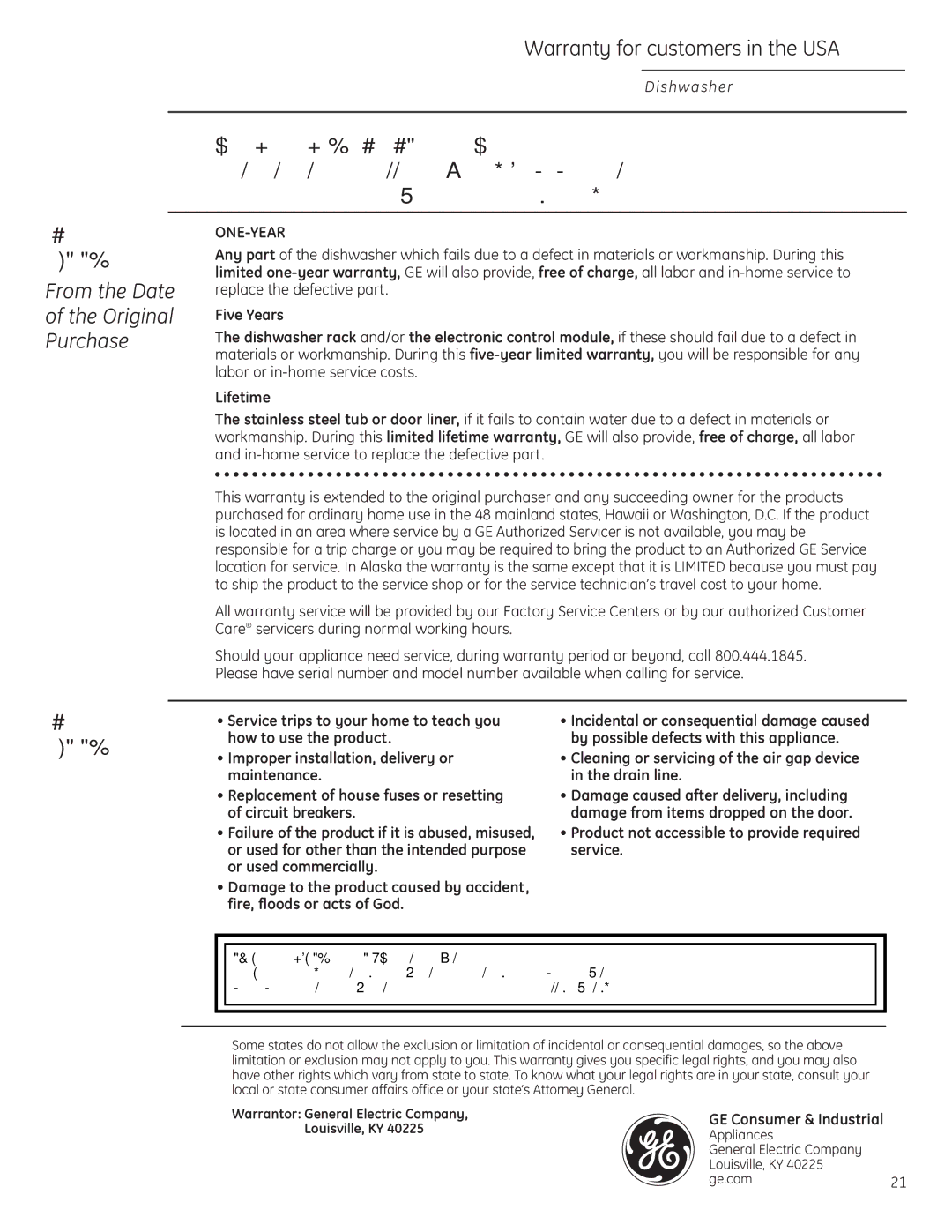 GE Monogram ZBD0700, ZBD6880, ZBD6800, ZBD6890 owner manual From the Date Original Purchase, Warranty for customers in the USA 