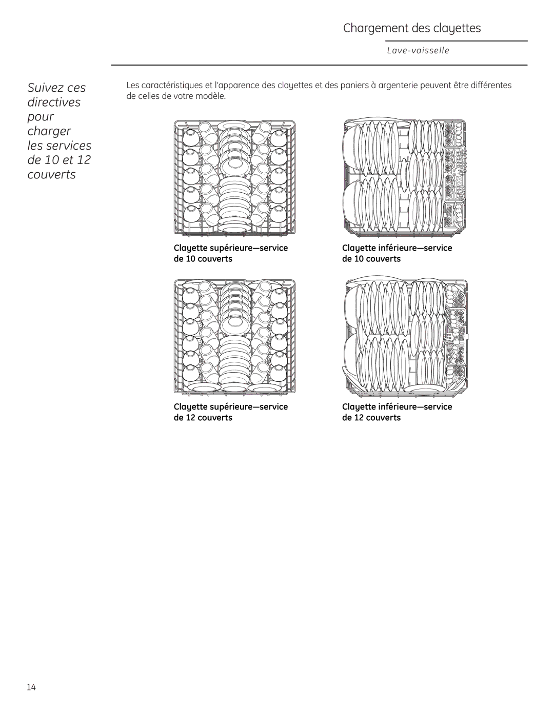 GE Monogram ZBD6890, ZBD6880, ZBD0700, ZBD6800 owner manual De 10 couverts Clayette supérieure-service, De 12 couverts 