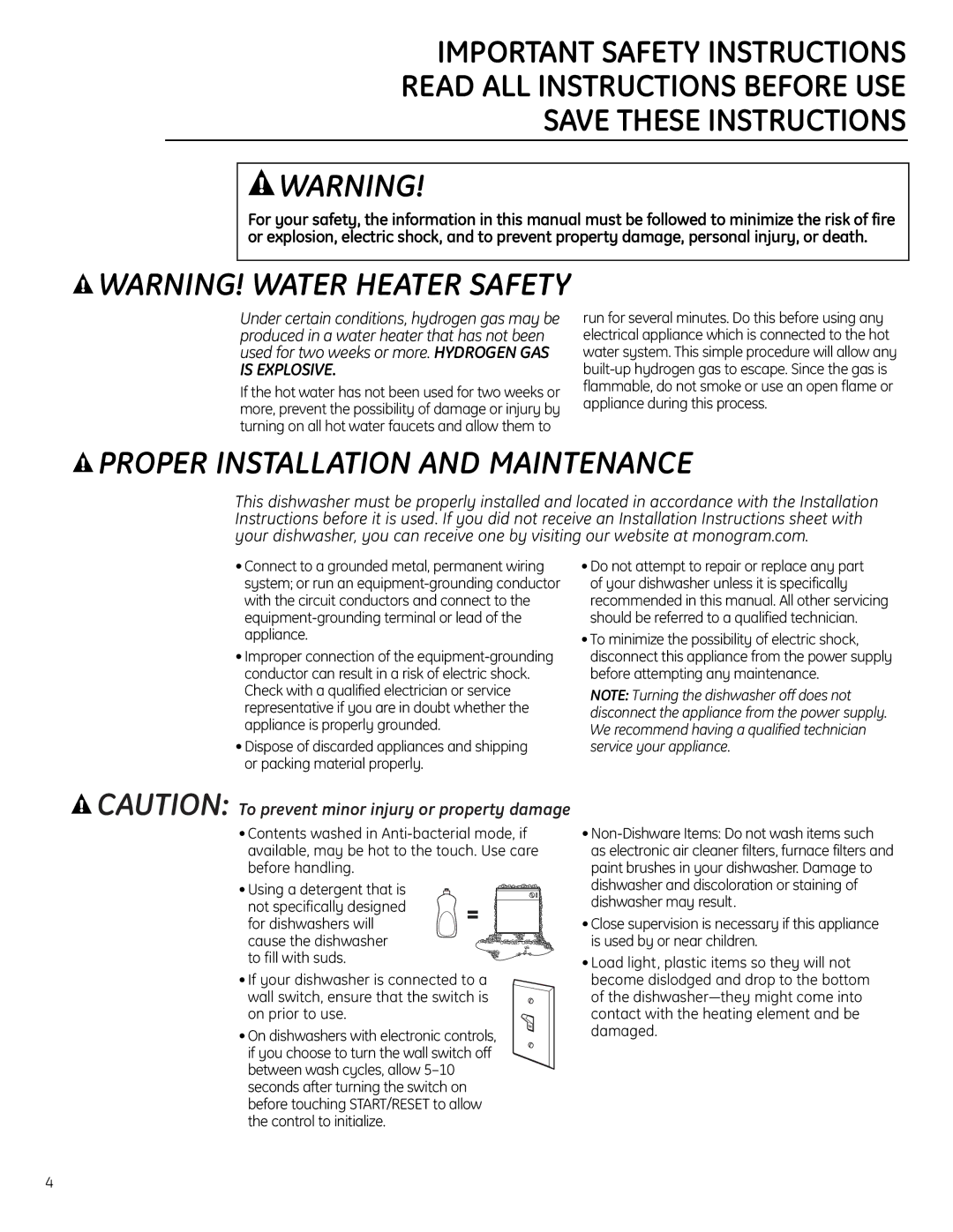 GE Monogram ZBD6800, ZBD6880, ZBD6890, ZBD0700, ZBD0710 owner manual Proper Installation and Maintenance 