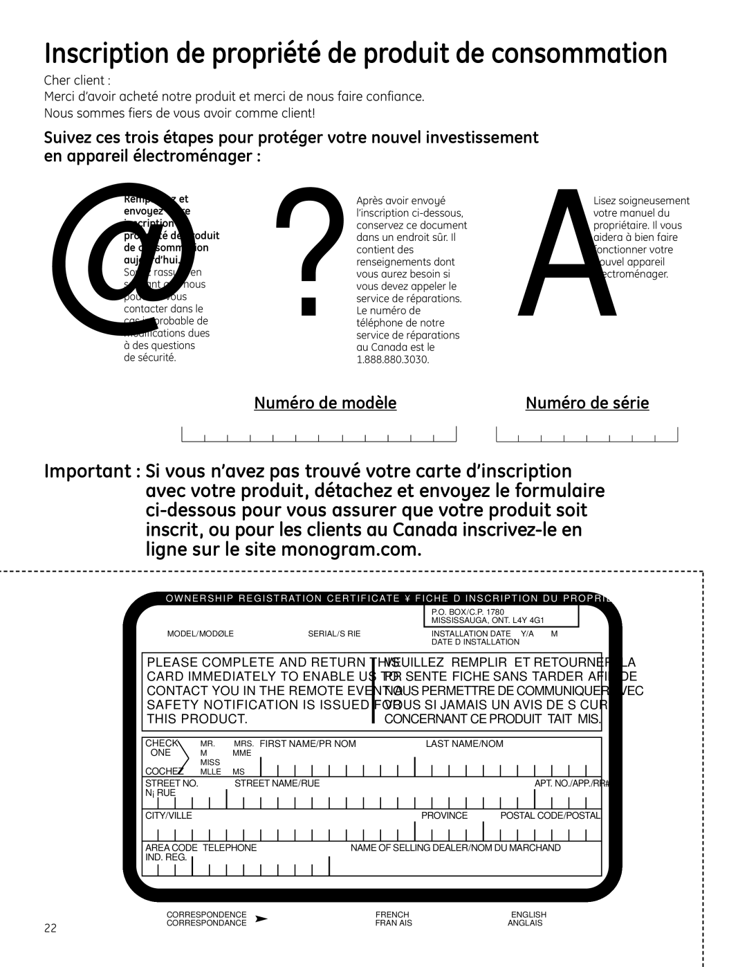 GE Monogram ZBD0700, ZBD6880, ZBD6800, ZBD6890 owner manual Inscription de propriété de produit de consommation 