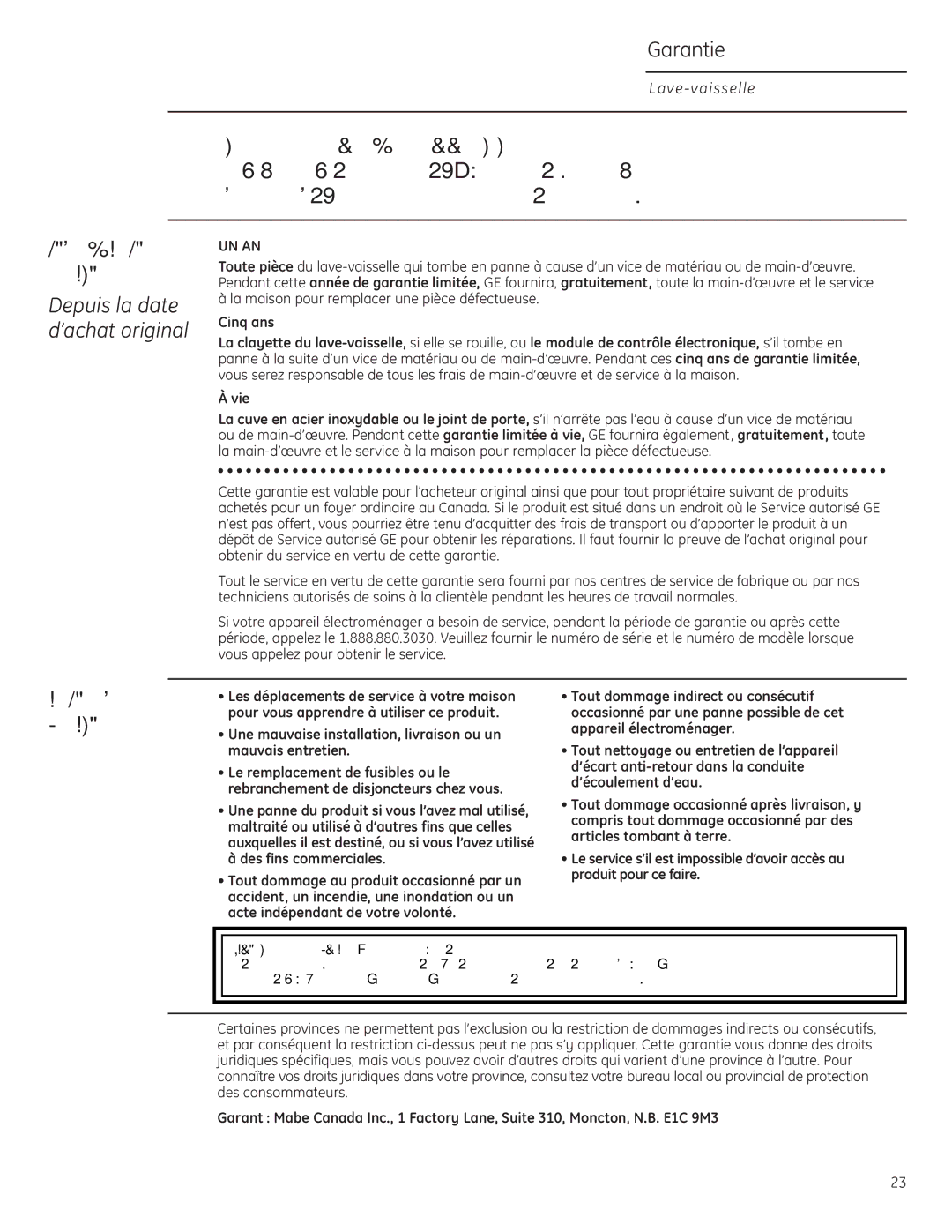 GE Monogram ZBD6800, ZBD6880, ZBD0700, ZBD6890 owner manual Garantie, Depuis la date, ’achat original, Cinq ans, Vie 