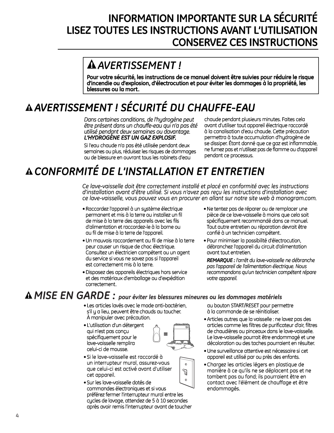 GE Monogram ZBD6890, ZBD6880 Avertissement ! Sécurité Du Chauffe-Eau, Conformité De L’Installation Et Entretien 