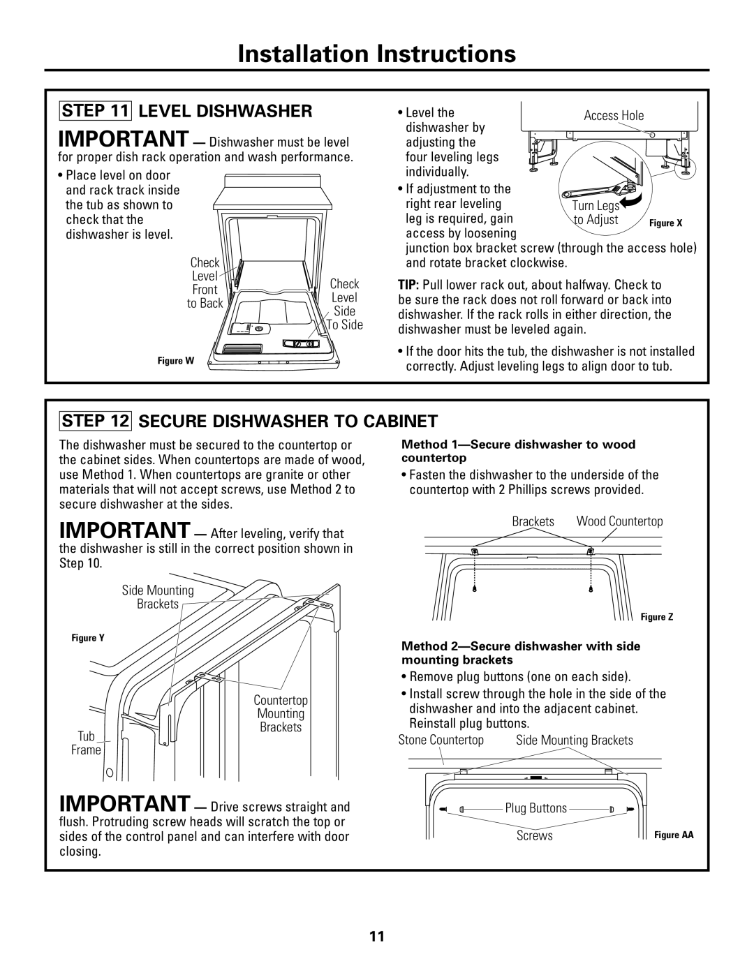 GE Monogram ZBD6890K, ZBD6880K, ZBD6800K installation instructions Level Dishwasher, Secure Dishwasher to Cabinet 