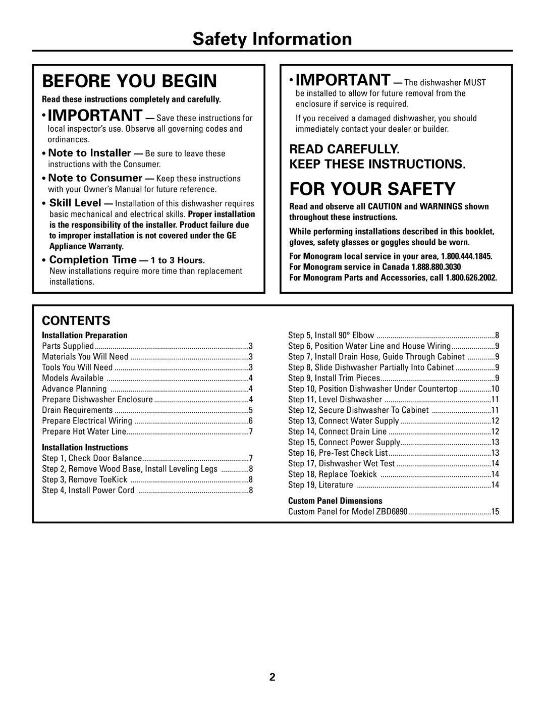 GE Monogram ZBD6890K, ZBD6880K, ZBD6800K installation instructions Read Carefully Keep These Instructions, Contents 