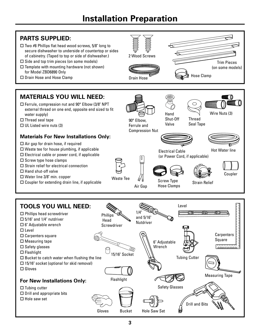 GE Monogram ZBD6880K, ZBD6800K, ZBD6890K Parts Supplied, Materials YOU will Need, Tools YOU will Need 