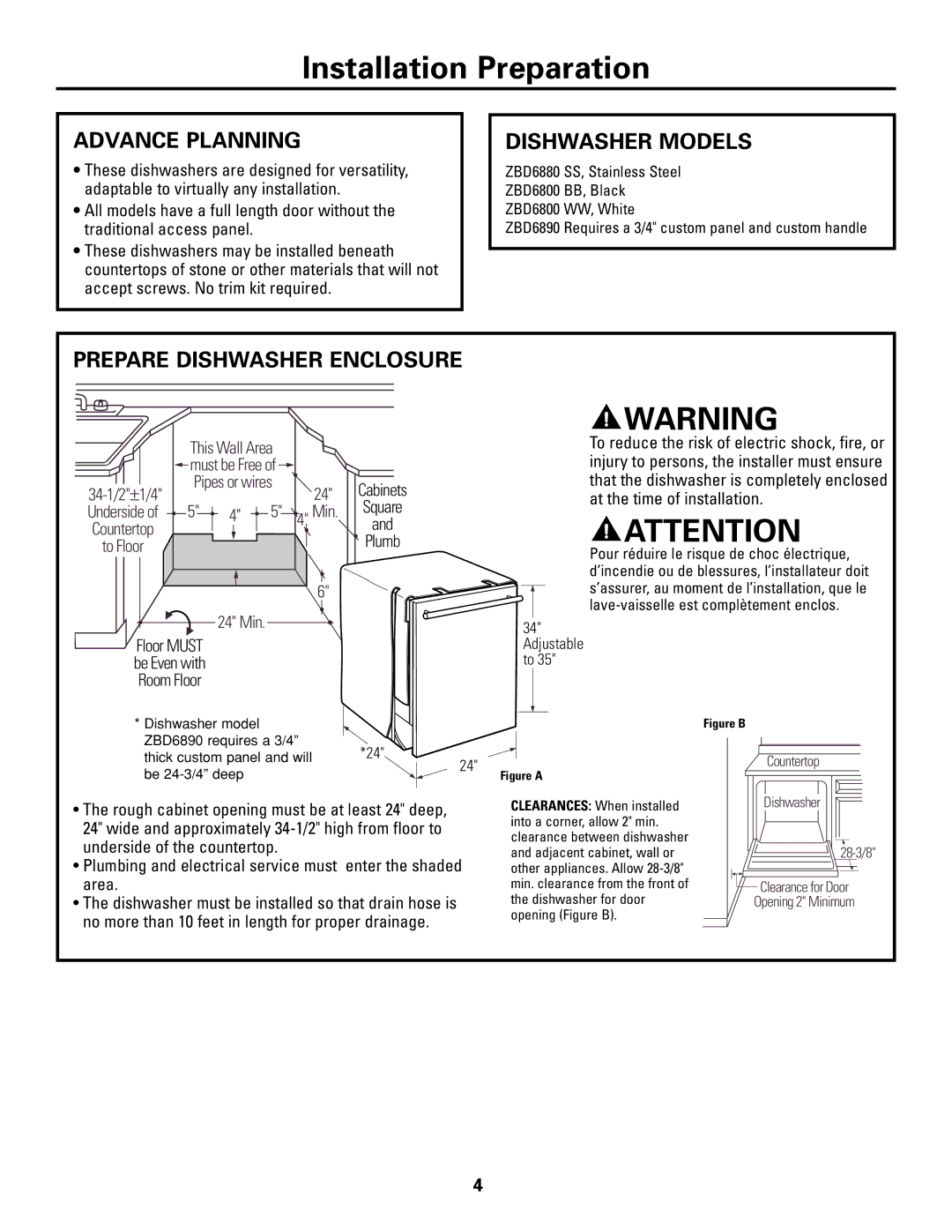 GE Monogram ZBD6800K, ZBD6880K, ZBD6890K Advance Planning, Dishwasher Models, Prepare Dishwasher Enclosure 