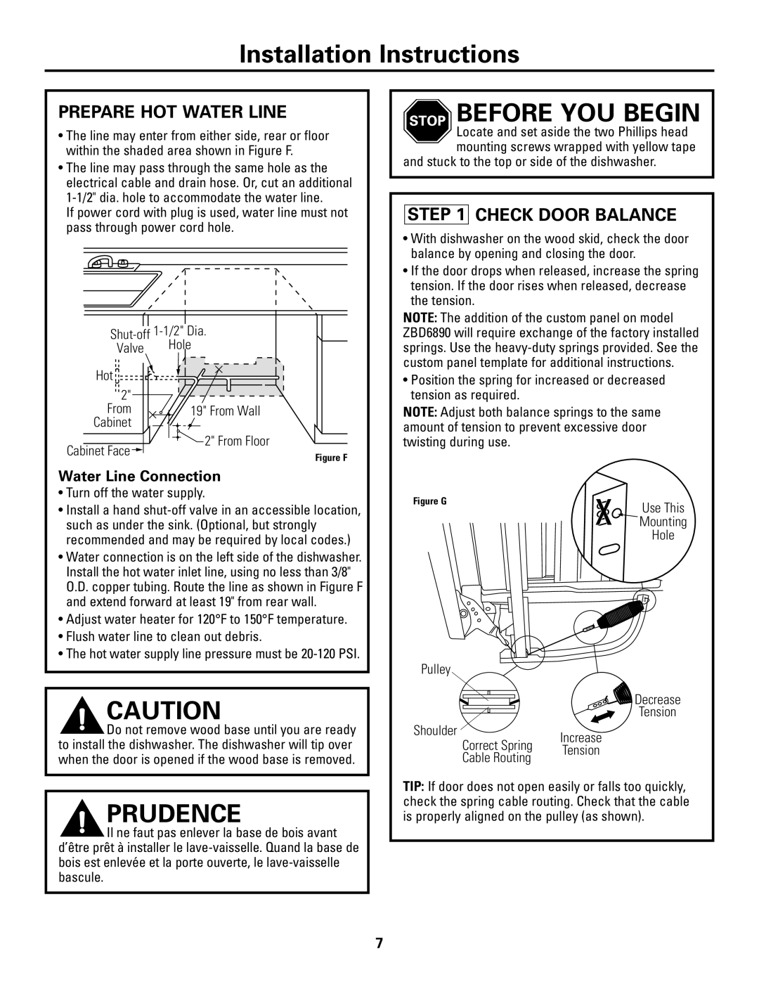 GE Monogram ZBD6800K, ZBD6880K, ZBD6890K installation instructions Prepare HOT Water Line, Check Door Balance 