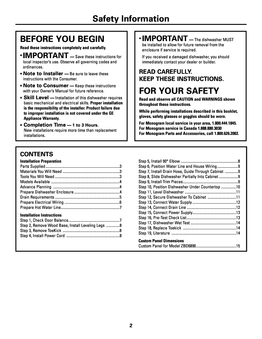 GE Monogram ZBD6890K Safety Information, Before You Begin, For Your Safety, Read Carefully Keep These Instructions 