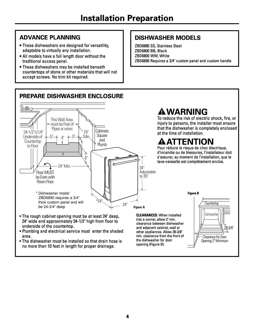 GE Monogram ZBD6800K Advance Planning, Dishwasher Models, Prepare Dishwasher Enclosure, Installation Preparation, 6 24 Min 