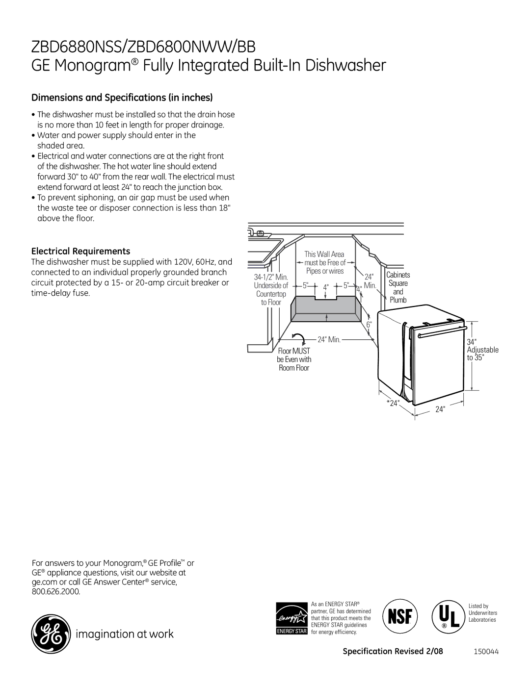 GE Monogram zbd6800NWW dimensions Dimensions and Specifications in inches, Electrical Requirements, Min, Adjustable 