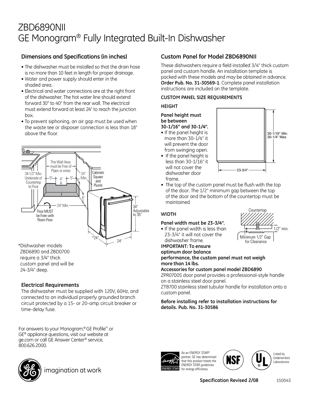 GE Monogram dimensions Dimensions and Specifications in inches, Custom Panel for Model ZBD6890NII 