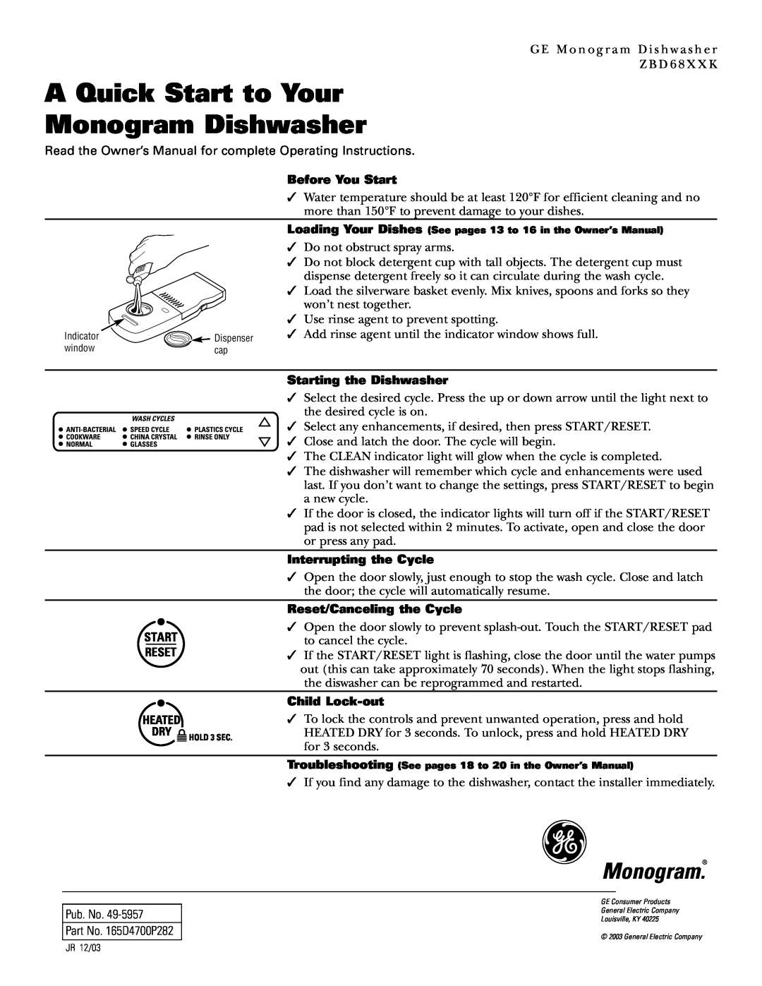 GE Monogram ZBD68XXK quick start A Quick Start to Your Monogram Dishwasher, Before You Start, Starting the Dishwasher 