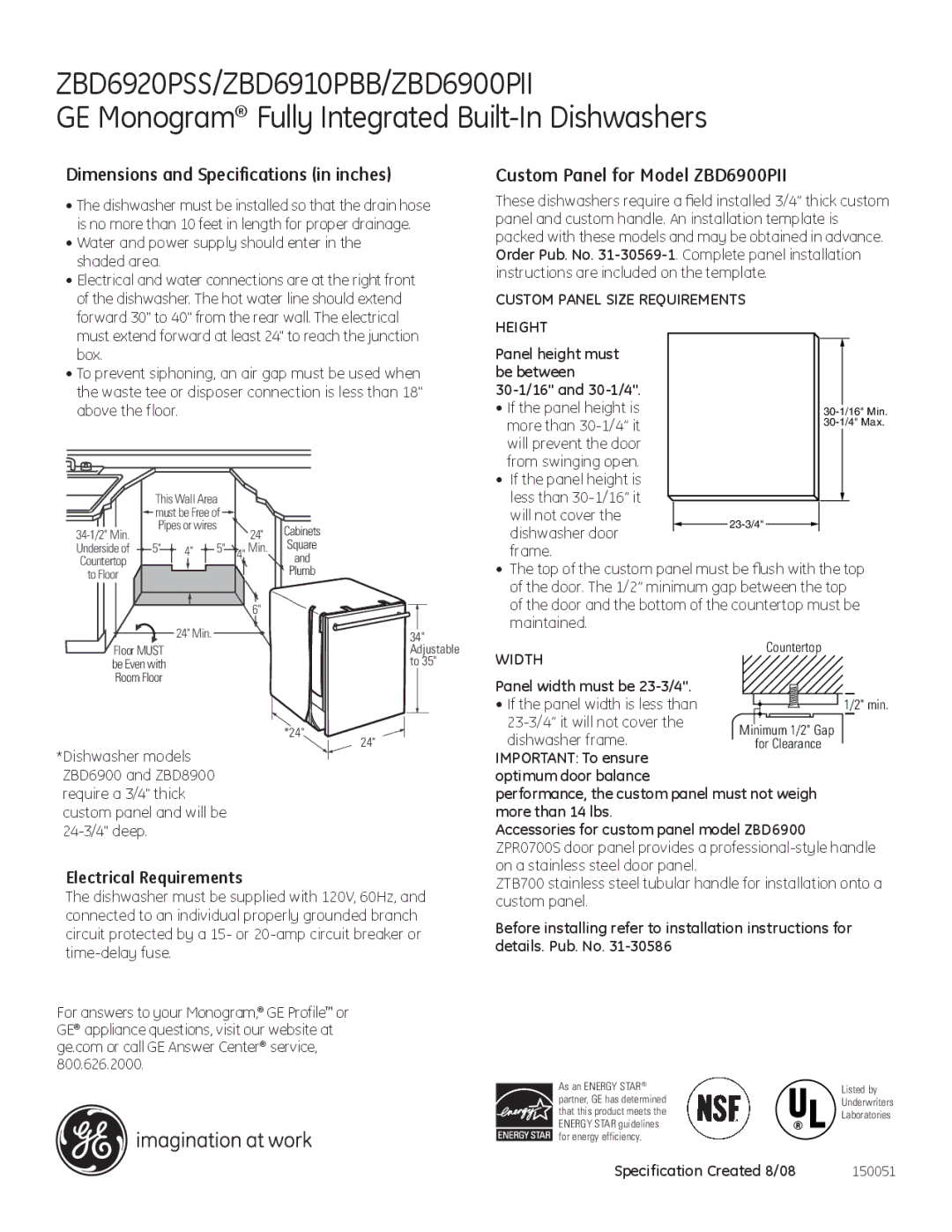 GE Monogram ZBD6920PSS dimensions Dimensions and Specifications in inches, Custom Panel for Model ZBD6900PII 