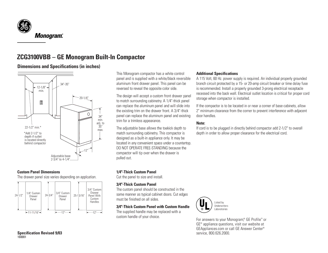 GE Monogram dimensions ZCG3100VBB GE Monogram Built-In Compactor, Dimensions and Specifications in inches 