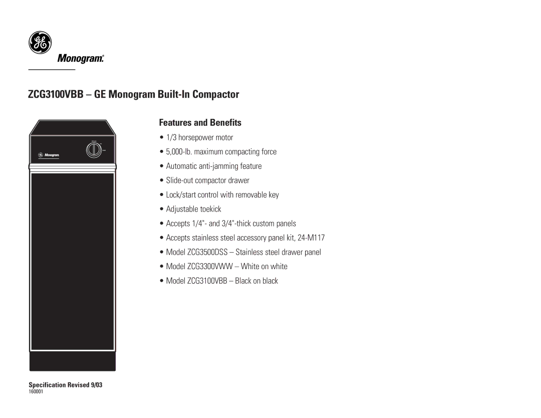 GE Monogram ZCG3100VBB dimensions Features and Benefits 