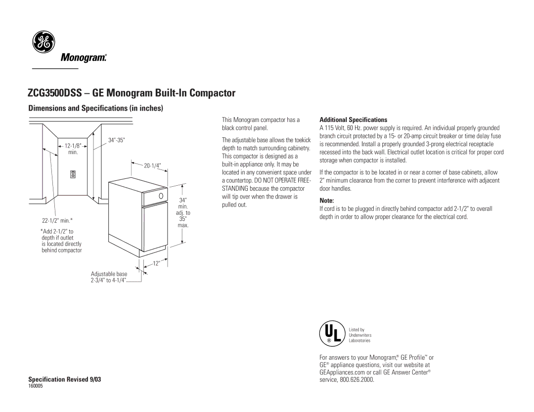 GE Monogram dimensions ZCG3500DSS GE Monogram Built-In Compactor, Dimensions and Specifications in inches 