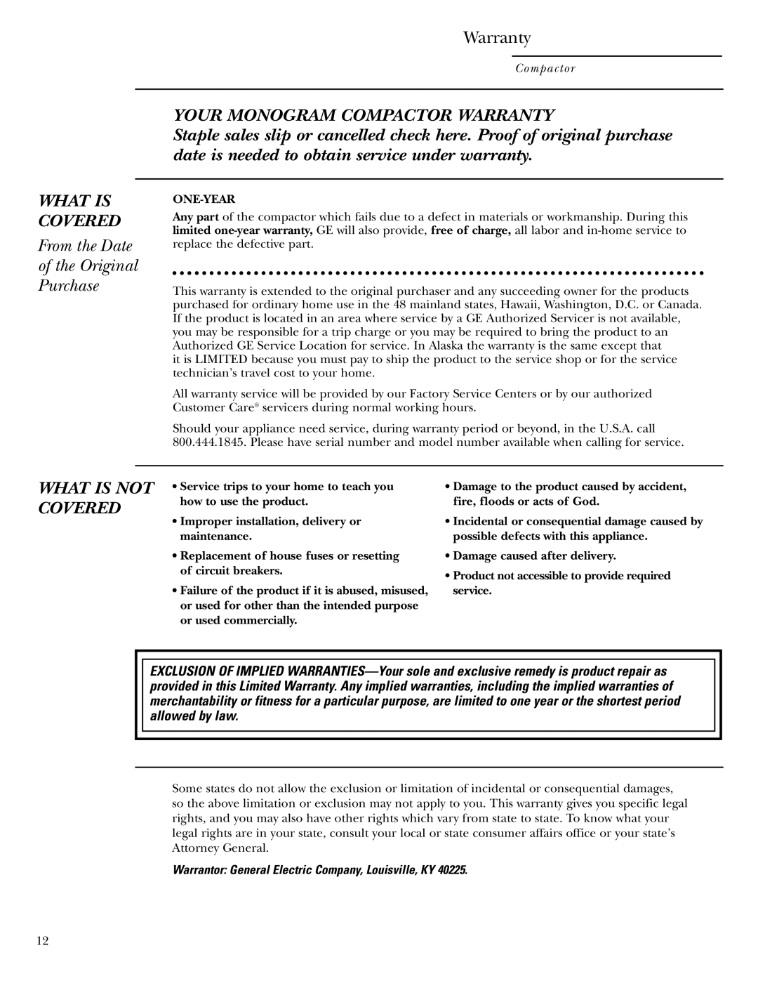 GE Monogram ZCGP150, ZCGS150 manual From the Date Original Purchase, Your Monogram Compactor Warranty 