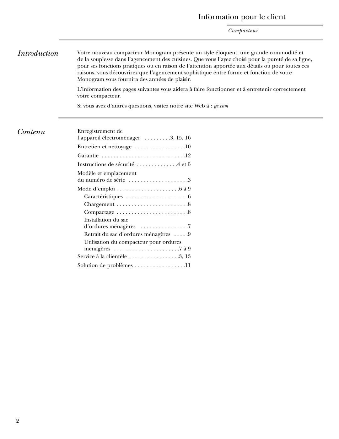 GE Monogram ZCGP150, ZCGS150 manual Contenu, Compacteur 