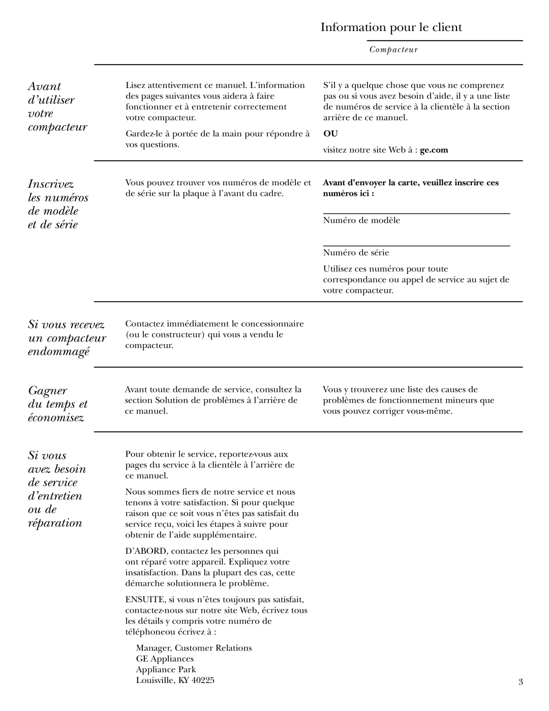 GE Monogram ZCGS150 Information pour le client, Avant, ’utiliser, Votre, Compacteur, Inscrivez, Les numéros, De modèle 