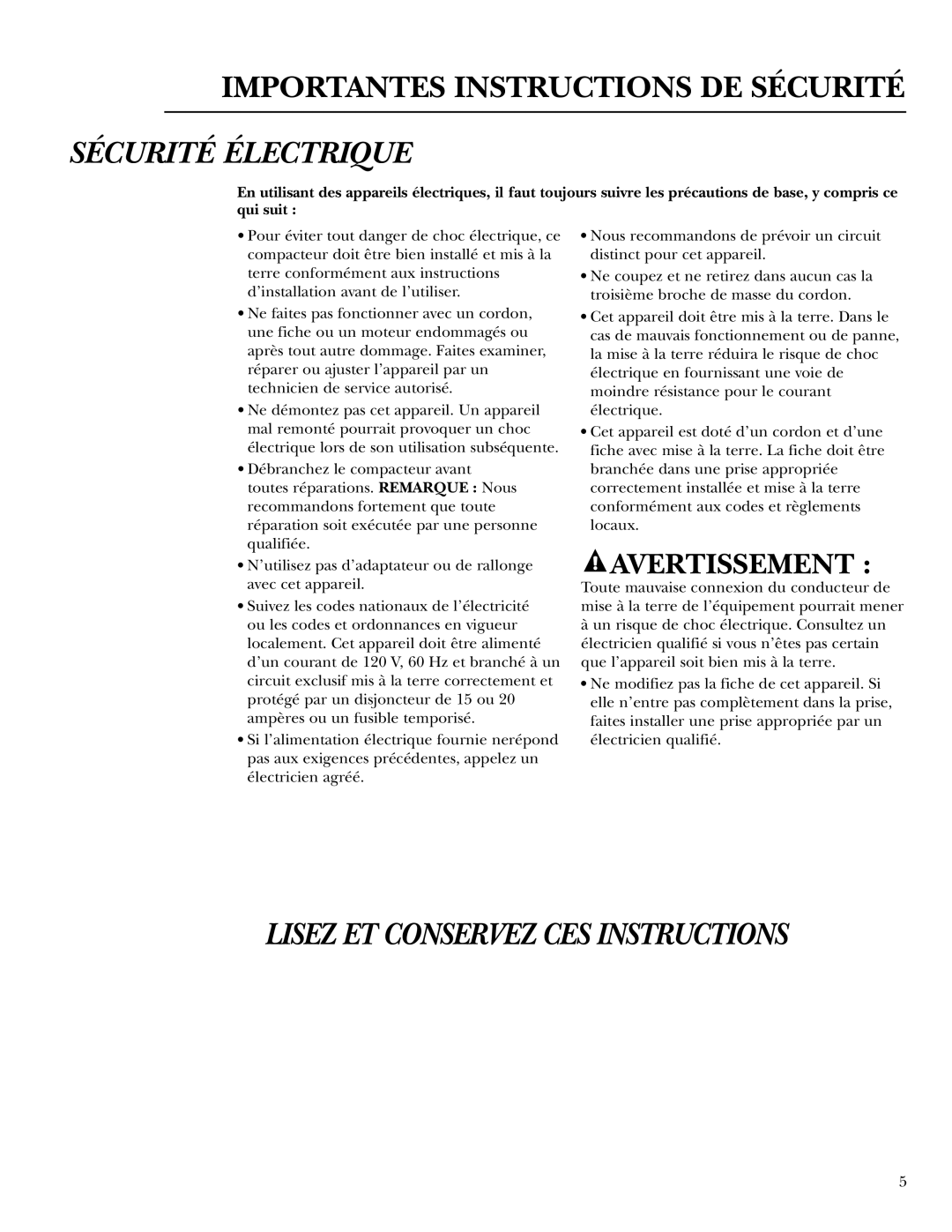 GE Monogram ZCGS150, ZCGP150 manual Sécurité Électrique 