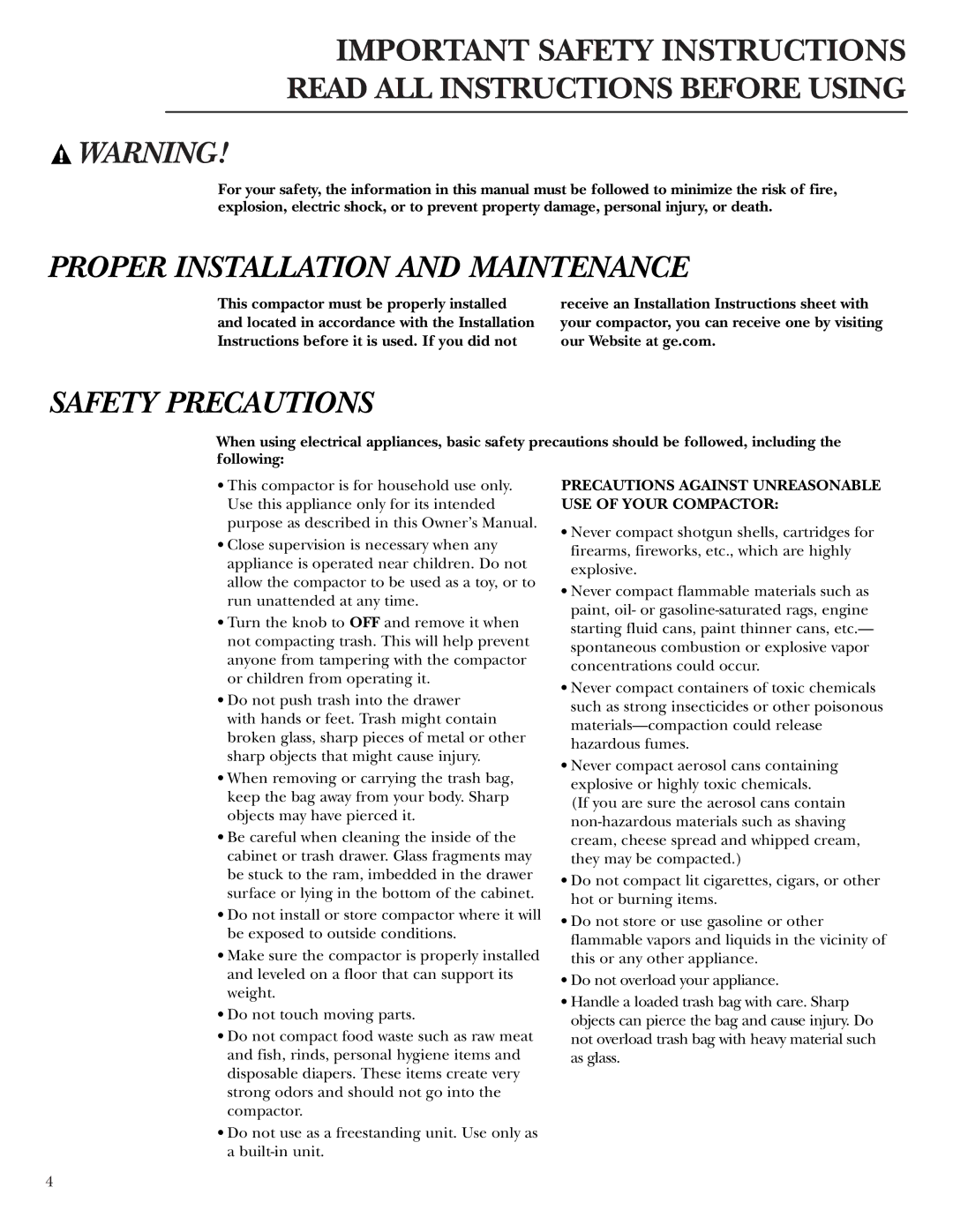 GE Monogram ZCGP150, ZCGS150 manual Proper Installation and Maintenance 