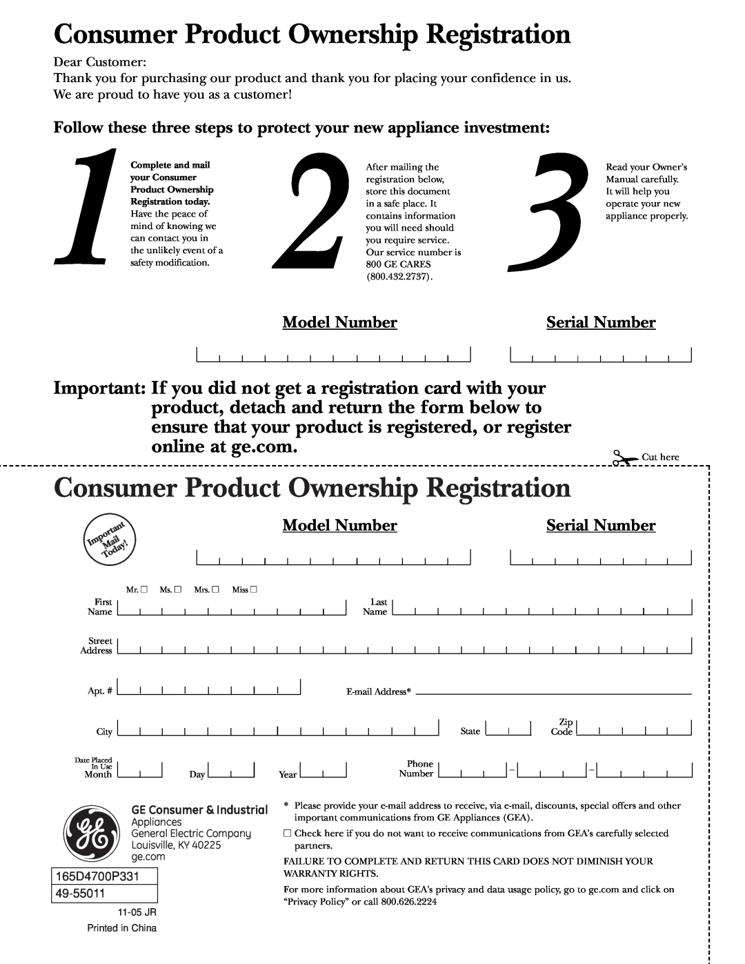 GE Monogram ZCGP150 Consumer Product Ownership Registration, Model Number, Serial Number, Dear Customer, 165D4700P331 