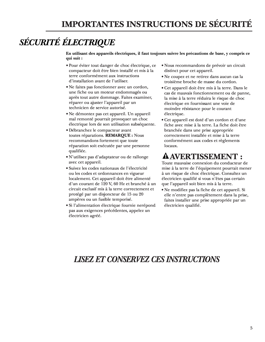 GE Monogram ZCGS150, ZCGP150 manual Sécurité Électrique, Lisez Et Conservez Ces Instructions, Avertissement 