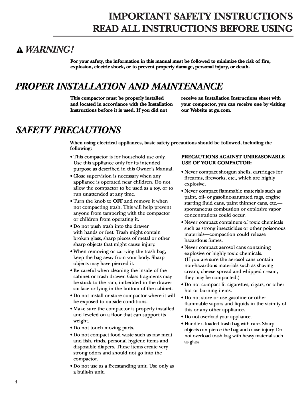 GE Monogram ZCGP150 Important Safety Instructions Read All Instructions Before Using, Proper Installation And Maintenance 