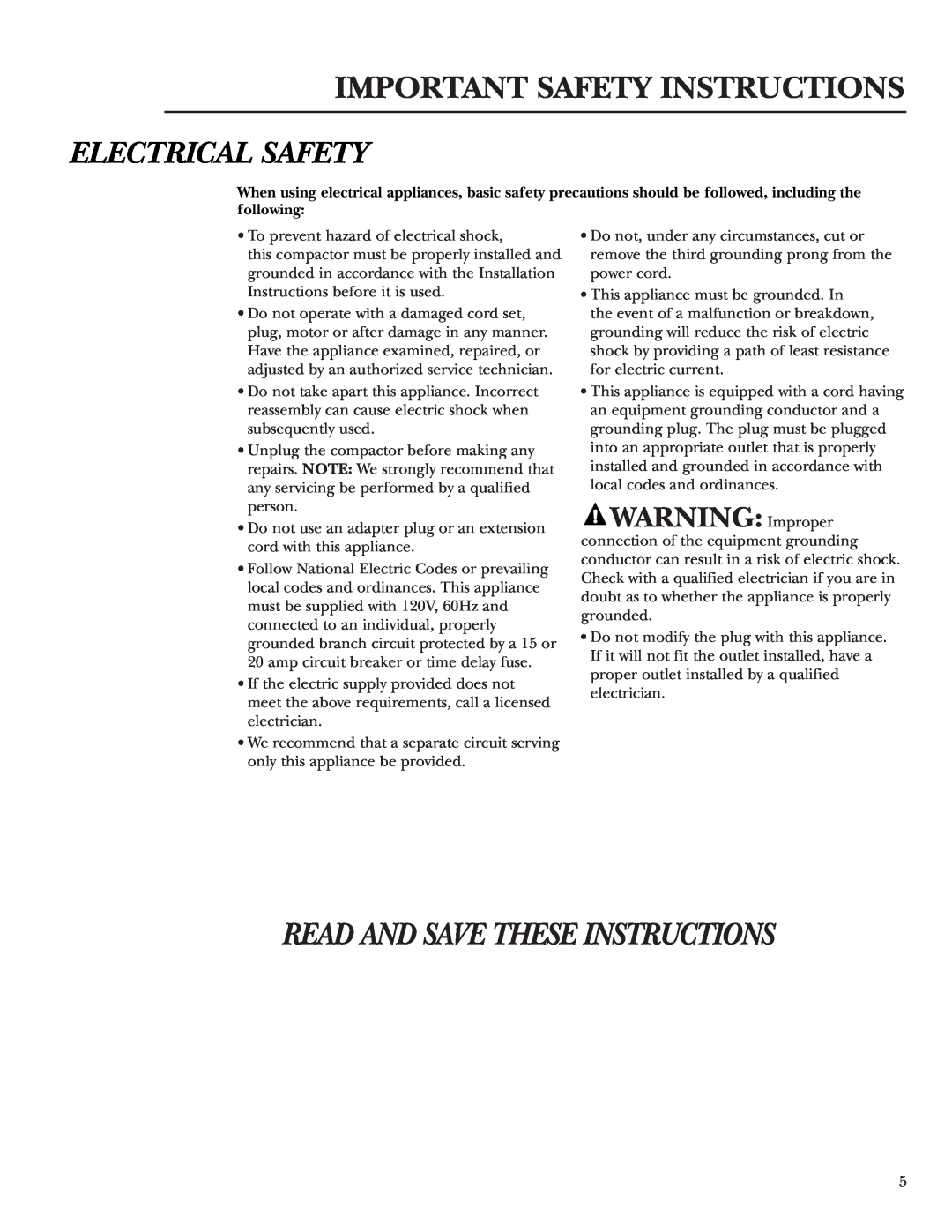 GE Monogram ZCGS150 Important Safety Instructions, Electrical Safety, Read And Save These Instructions, WARNING Improper 