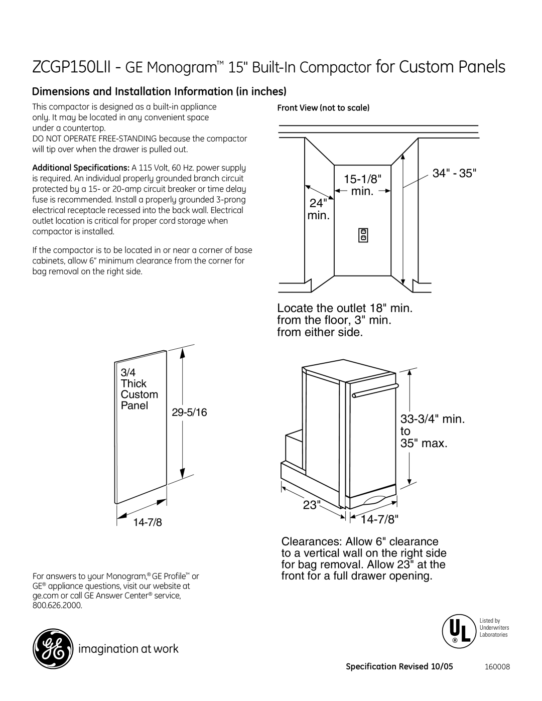 GE Monogram ZCGP150LII dimensions 33-3/4 min, 35 max, 14-7/8, Dimensions and Installation Information in inches 